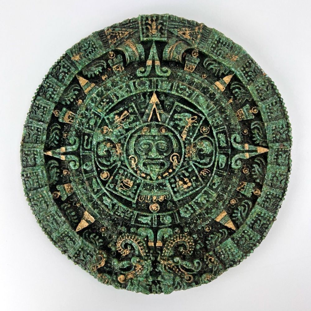 VTG Aztec Mayan Calendar Green Crush Malachite Stone Wall Hanging Decor Mexico